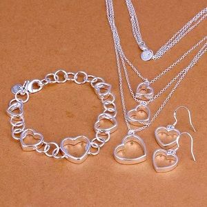 925 SSP  Love Heart Layered Necklace Chains Bracelet Dangle Earrings set